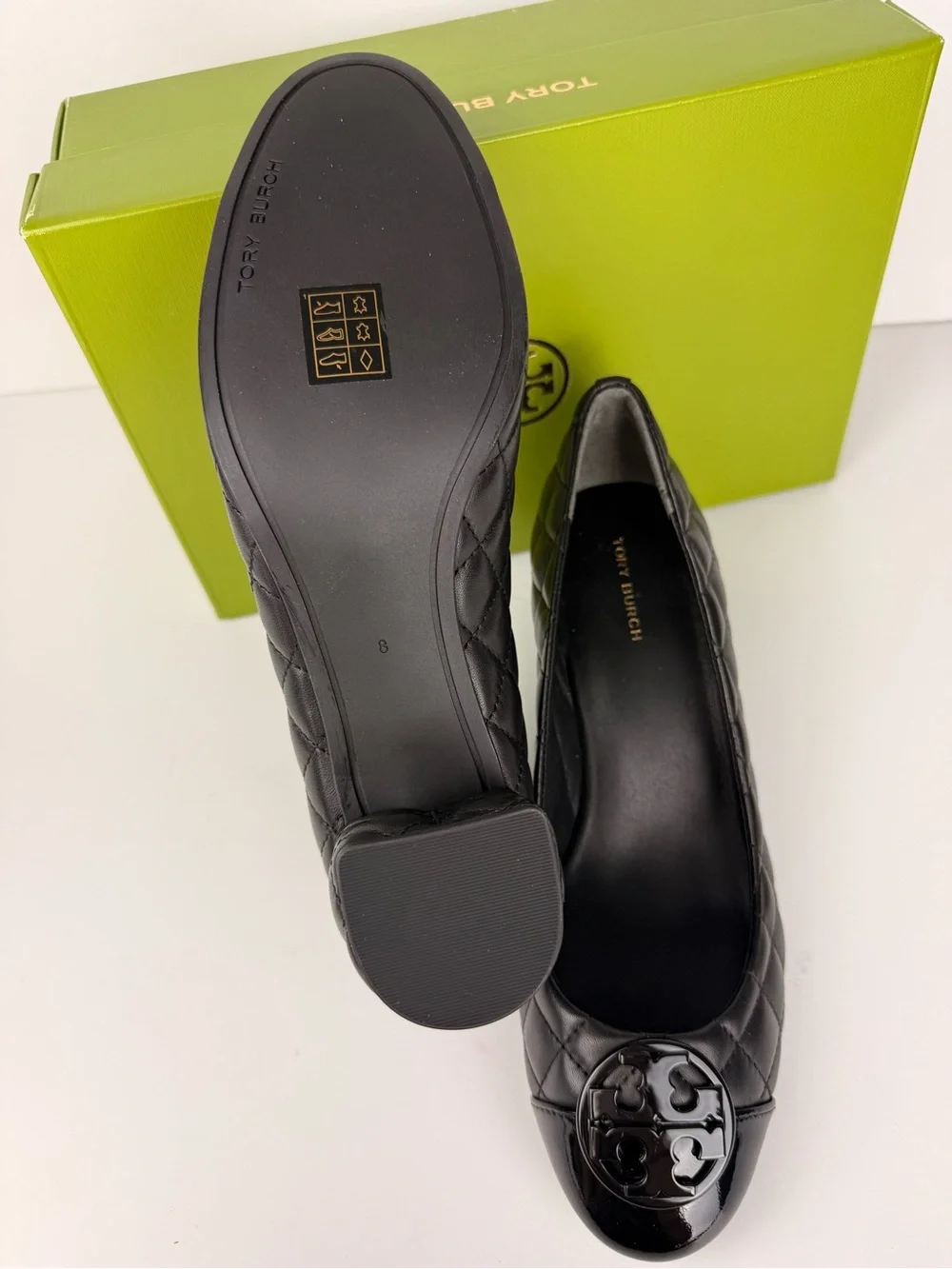 Tory Burch Chelsea 50mm Quilted Pumps Black Leather Patent Cap Toe Block Heels